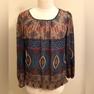 Spense Brown Blue Pink Geometric Long Sleeve Smocked Waist Casual Top Size S